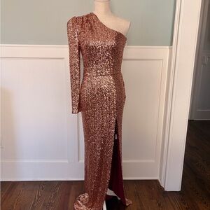 Bronx and Banco Rose Gold One-Shoulder Sequin Gown (S)